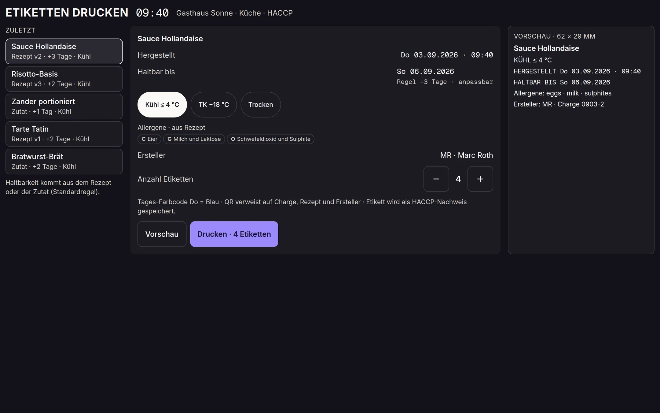 Chargen und Haltbarkeit: Detailansicht auf dem Küchenbildschirm
