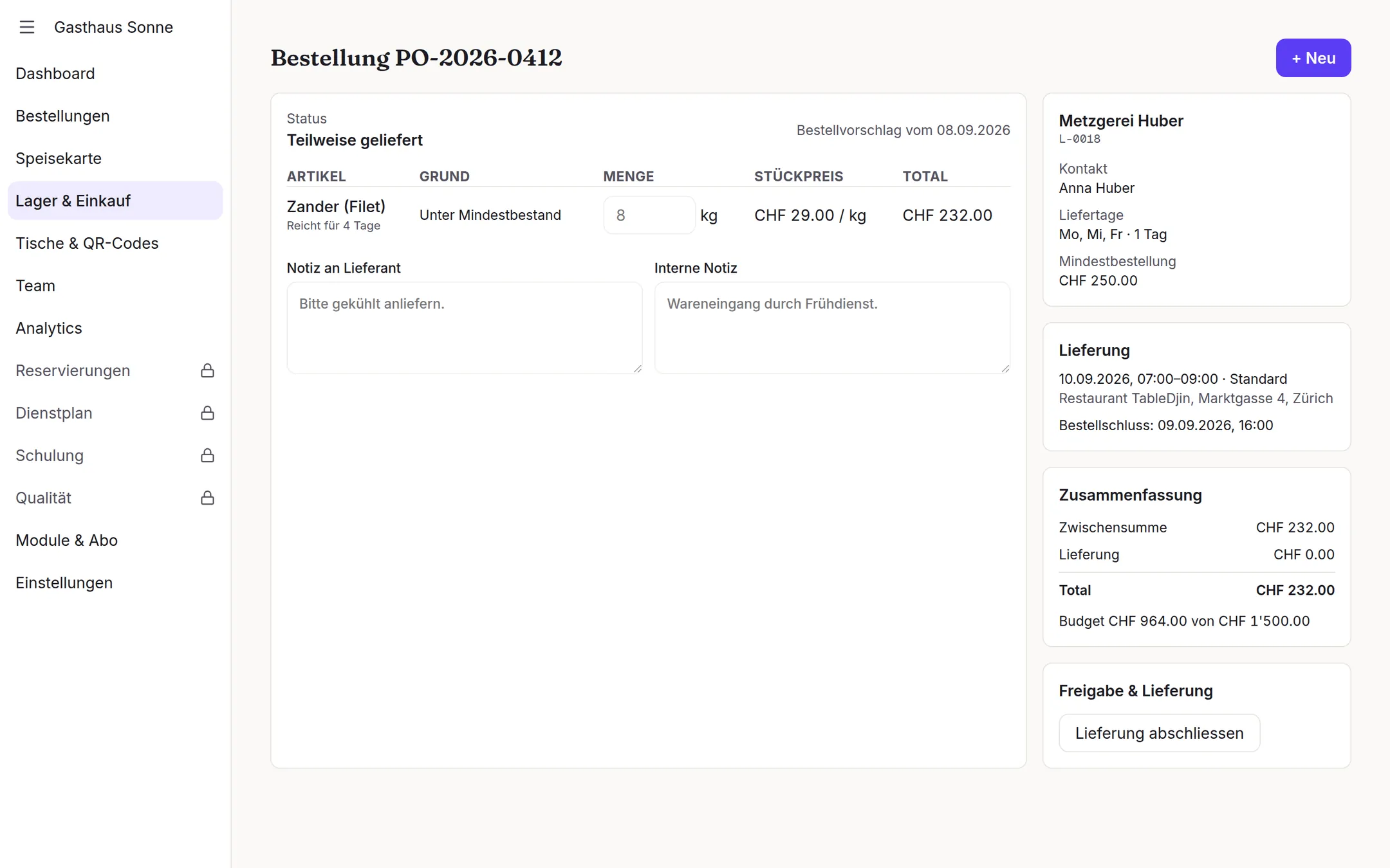 Purchasing+: Detailansicht auf der Verwaltungsoberfläche