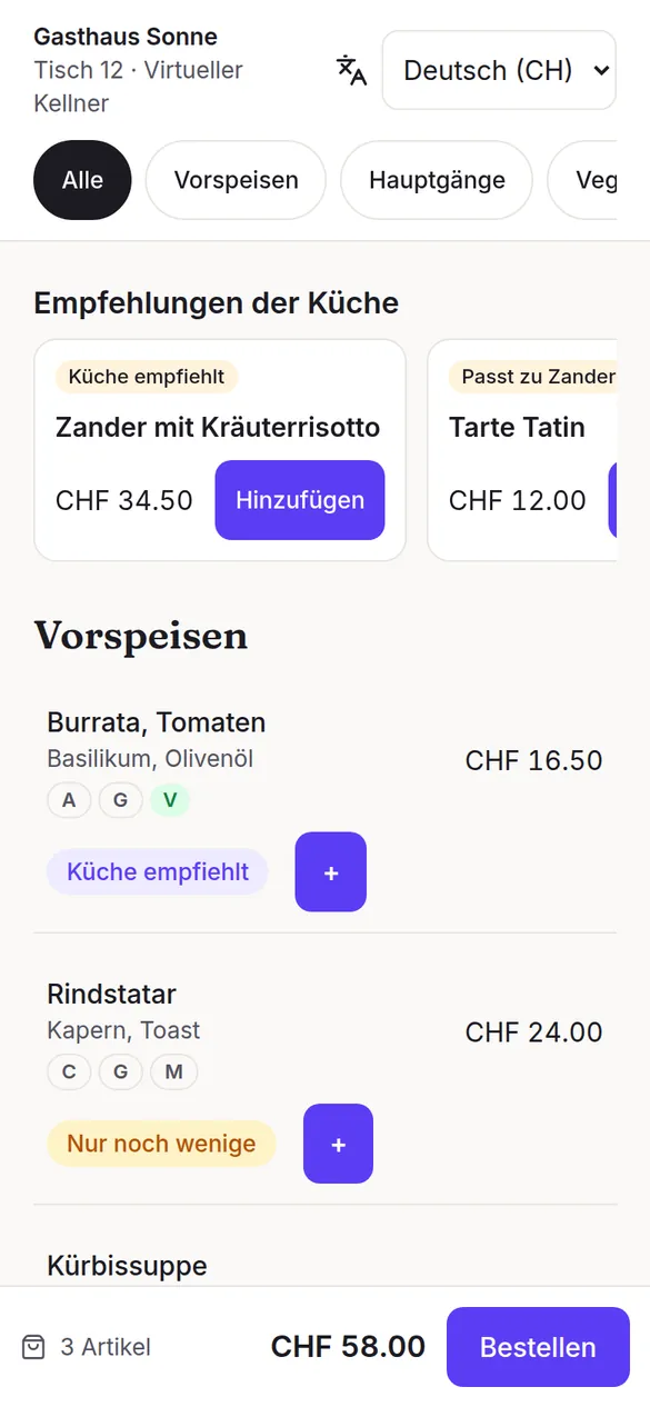 Gastkarte und Bestellung: Übersicht auf dem Telefon des Gastes